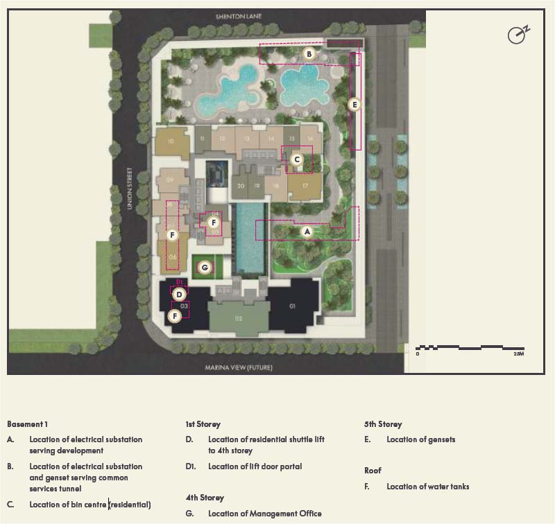 W Residences Marina View Singapore facilities site plan showing the overall layout of residential, hotel, and shared amenity components within the Marina View development.