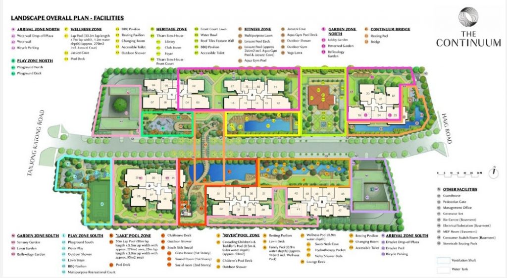Site and facilities plan of The Continuum showing the split North–South plot configuration, multiple residential blocks, zoned lifestyle facilities, conserved bungalow clubhouse, and the overhead bridge linking both plots within an 816-unit freehold development.