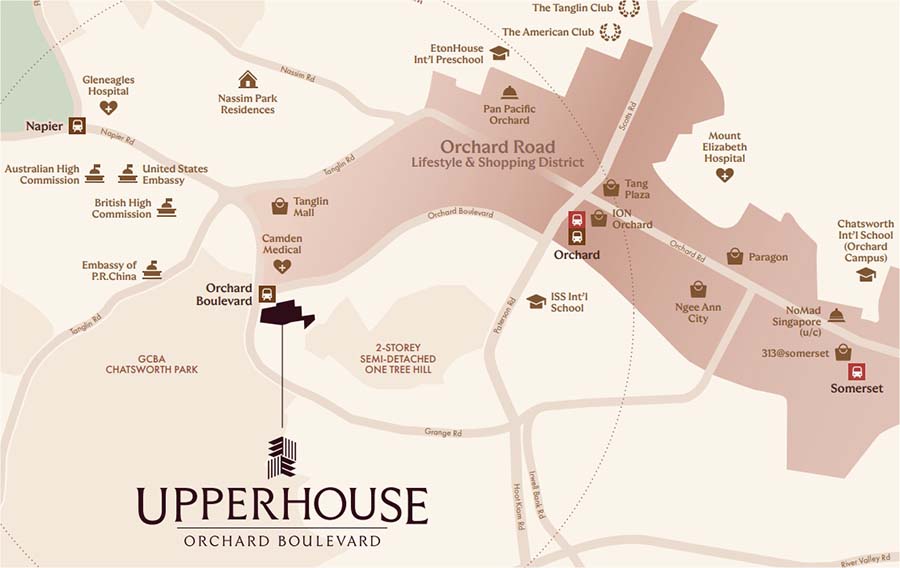 UPPERHOUSE at Orchard Boulevard location map highlighting Orchard Boulevard MRT, Orchard Road, and its position within Singapore’s Core Central Region.