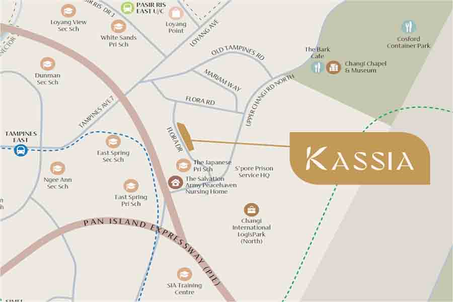 Kassia condo location map at Flora Drive District 17 Singapore showing proximity to Tampines East MRT Changi Business Park Loyang and major expressways