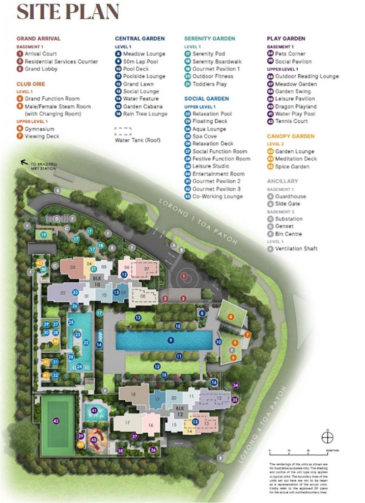 Site and facilities plan of The Orie showing two residential towers, a landscaped communal deck, swimming pools, recreational facilities, and basement car parks within a compact high-density development in Toa Payoh.