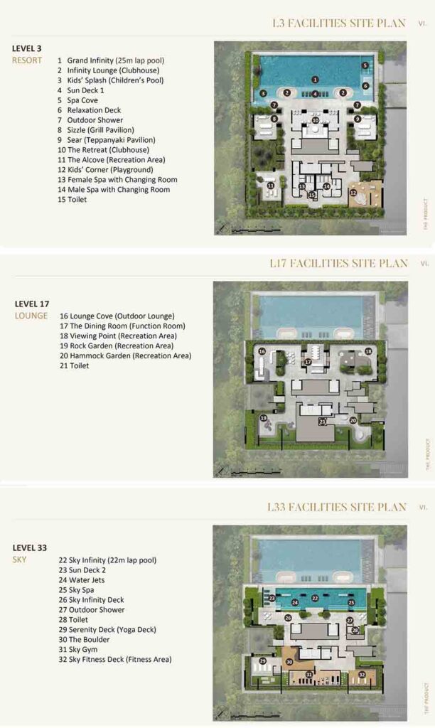 Aurea condo facilities site plan showing Level 3 resort pool, Level 17 lounge deck and Level 33 sky infinity pool within Golden Mile Complex redevelopment at Beach Road District 7 Singapore