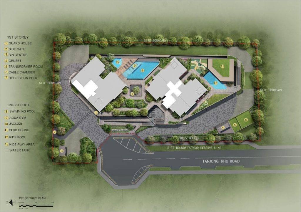 Arina East Residences facilities and site plan illustrating two tower blocks, key communal areas, and the overall site layout at Tanjong Rhu Road.