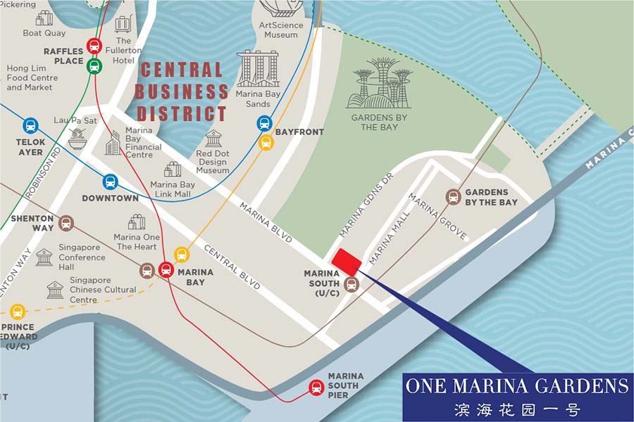 Location map showing One Marina Gardens at Marina South, District 1, with direct underground access to Marina South MRT (TE21) on the Thomson–East Coast Line, near Gardens by the Bay.