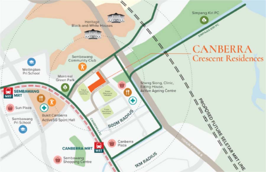 Location map of Canberra Crescent Residences at 51–57 Canberra Crescent in District 27 (Sembawang Planning Area), showing the walking route and approximate distance to Canberra MRT (North–South Line), nearby Canberra Plaza and Bukit Canberra, and the surrounding HDB and landed housing context.