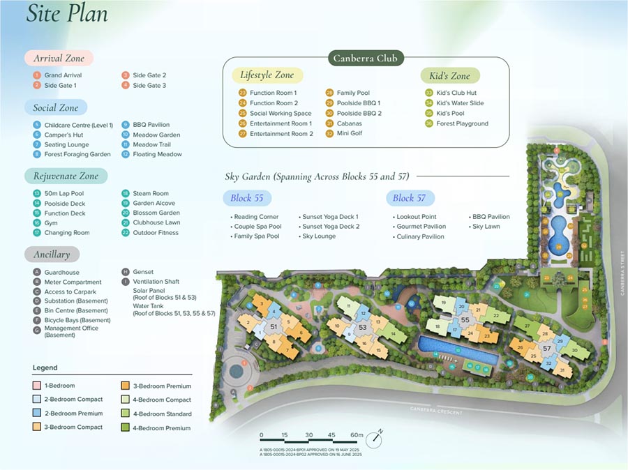 Facilities and stack location plan of Canberra Crescent Residences showing the L-shaped site, staggered 12-storey block placement, stack distribution, internal circulation, and the relationship between residential stacks, communal facilities, and surrounding site boundaries within the 376-unit development.