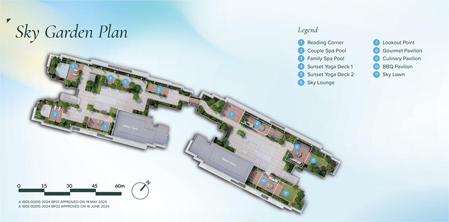 Sky garden and facilities plan of Canberra Crescent Residences illustrating the elevated communal spaces, landscaped sky terraces, recreation areas, and vertical distribution of shared amenities designed to support family-oriented living within a mid-rise, pure residential condominium.