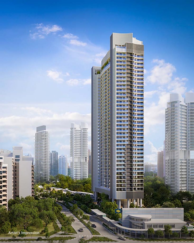 River Green River Valley artist impression showing a 36-storey residential tower with integrated podium, landscaped deck and elevated living above Great World MRT in District 9 Singapore