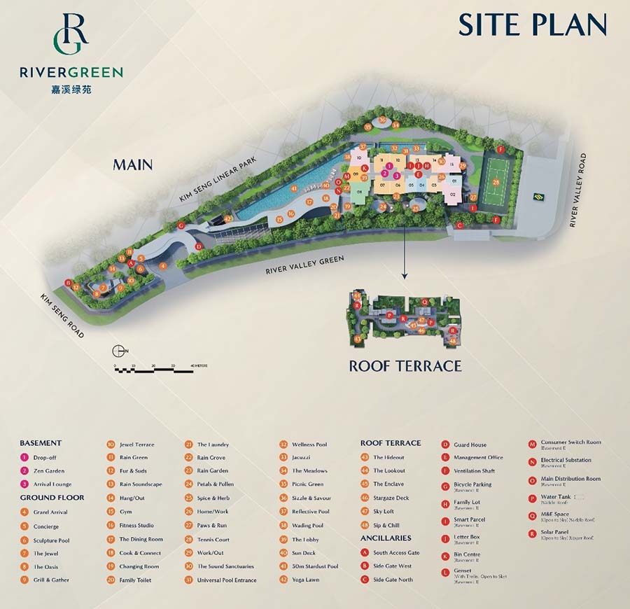 River Green facilities and site plan illustrating landscape deck, swimming pool, communal facilities, roof terrace and podium integration within the River Valley Green precinct
