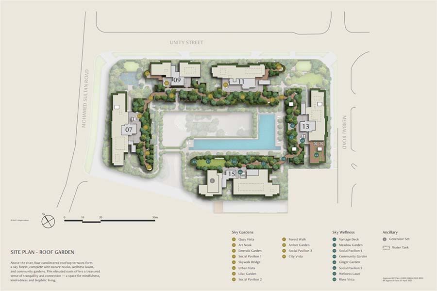 The Robertson Opus site plan illustrating building placement, internal circulation, and the relationship between residential blocks and the Robertson Quay riverfront.