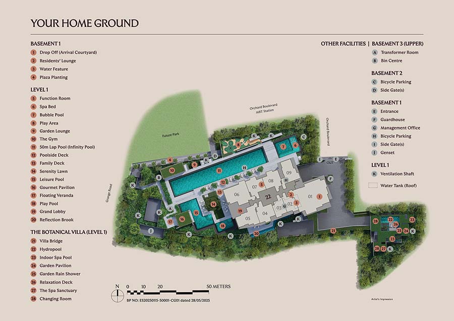 UPPERHOUSE at Orchard Boulevard site plan illustrating building placement, internal circulation, and shared facilities within a 99-year GLS residential development in District 10 (CCR)