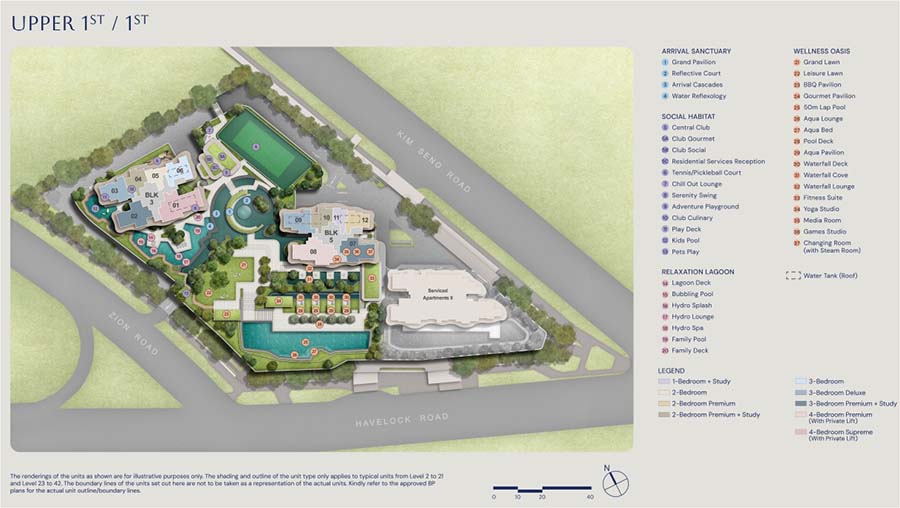 Zyon Grand facilities plan illustrating shared amenities within a high-density urban residential development.