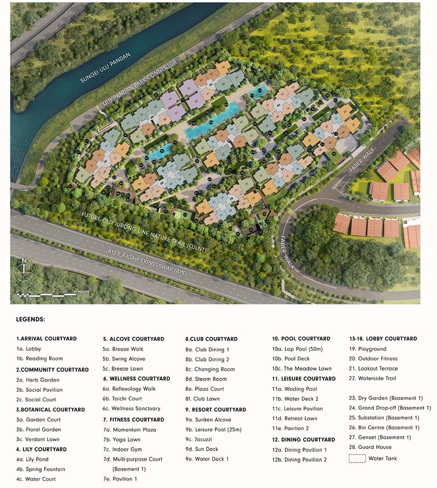 Faber Residence site plan illustrating low-density five-storey residential blocks, landscaped communal facilities, riverside orientation and internal circulation within the Faber Walk enclave