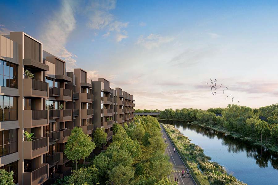 Faber Residence low-rise waterfront condominium along Sungei Ulu Pandan in Clementi District 5, featuring five-storey residential blocks within a landscaped riverside enclave