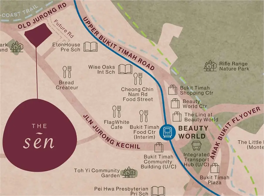 The Sen location map showing Jalan Jurong Kechil site in District 21, approximately 1.08km from Beauty World MRT