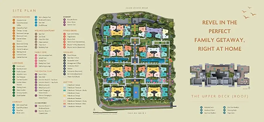 Site and facilities plan of Coastal Cabana showing the 16-block layout, internal circulation, key communal facilities, and block orientation within the 748-unit Executive Condominium development at Jalan Loyang Besar.