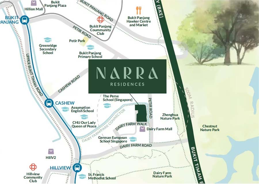 Location map showing Narra Residences at Dairy Farm Walk in District 23 Singapore, near Hillview MRT, Dairy Farm Mall, and surrounding nature parks