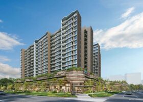 Artist’s impression of Pinery Residences, a large-scale integrated residential development at Tampines Street 94 in District 18, featuring six 14-storey blocks above a commercial podium with direct sheltered access to Tampines West MRT on the Downtown Line.
