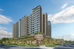 Artist’s impression of Pinery Residences, a large-scale integrated residential development at Tampines Street 94 in District 18, featuring six 14-storey blocks above a commercial podium with direct sheltered access to Tampines West MRT on the Downtown Line.