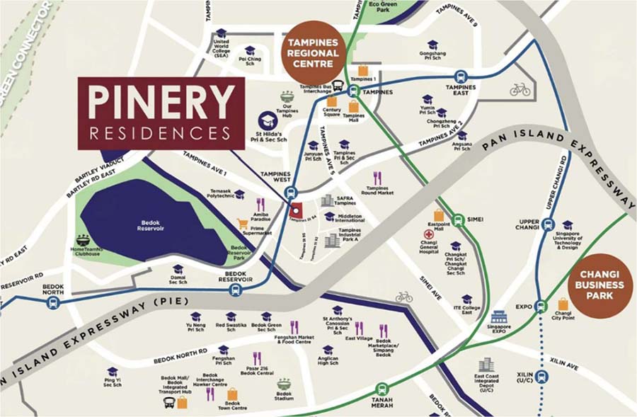 Location map of Pinery Residences at Tampines Street 94, District 18, showing direct underground pedestrian access to Tampines West MRT (DT31), proximity to Our Tampines Hub, schools, and key amenities within the Tampines regional centre.