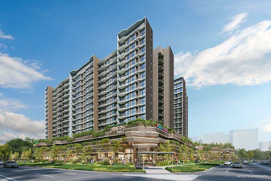 Artist’s impression of Pinery Residences, a large-scale integrated residential development at Tampines Street 94 in District 18, featuring six 14-storey blocks above a commercial podium with direct sheltered access to Tampines West MRT on the Downtown Line.