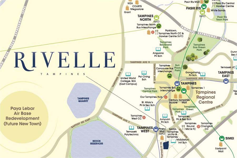 Location map of Rivelle Tampines at 51–71 Tampines Street 95, District 18, illustrating walking access to Tampines West MRT (Downtown Line) and proximity to Tampines town amenities and schools.