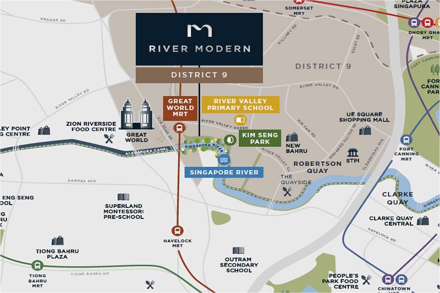 River Modern location map showing site position, surrounding roads, MRT stations, and key amenities in the River Valley / Robertson Quay area, Singapore