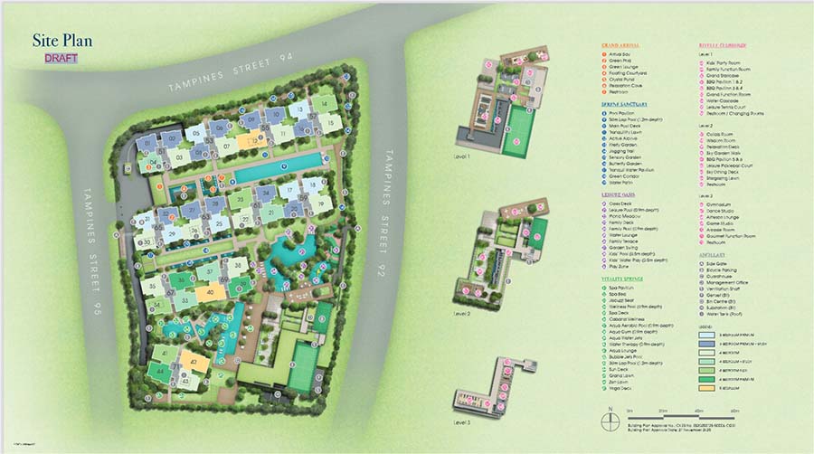 Site and facilities plan of Rivelle Tampines Executive Condominium showing residential blocks, landscaped decks, communal facilities, and internal circulation within a 572-unit family-oriented EC development in Tampines (District 18).