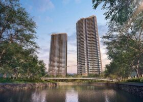 Artist’s impression of River Modern showing twin residential towers overlooking the Singapore River at River Valley Green, next to Great World MRT (TE15)