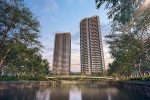 Artist’s impression of River Modern showing twin residential towers overlooking the Singapore River at River Valley Green, next to Great World MRT (TE15)