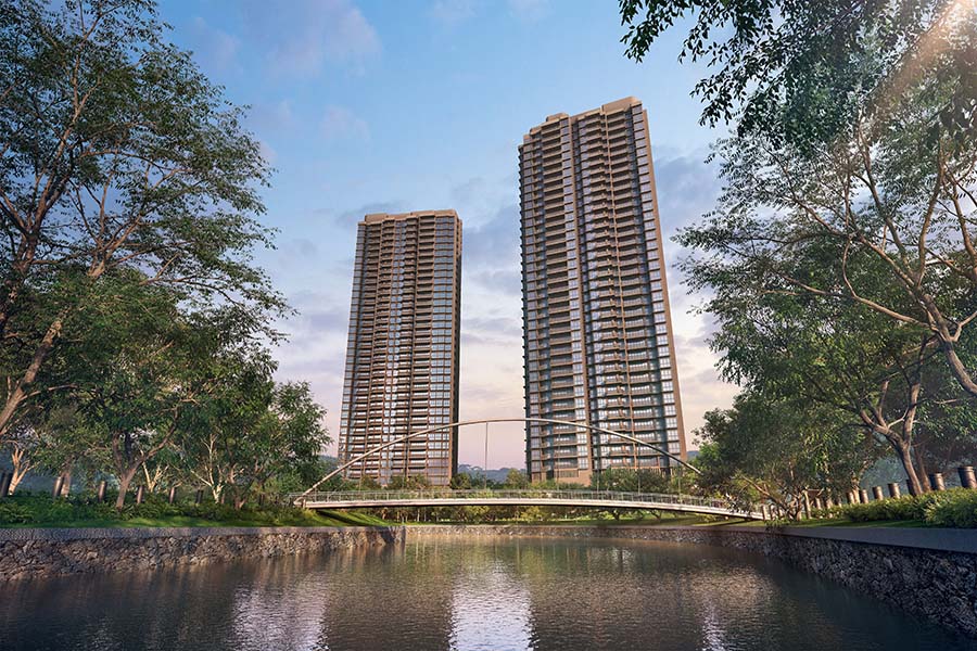 Artist’s impression of River Modern showing twin residential towers overlooking the Singapore River at River Valley Green, next to Great World MRT (TE15)