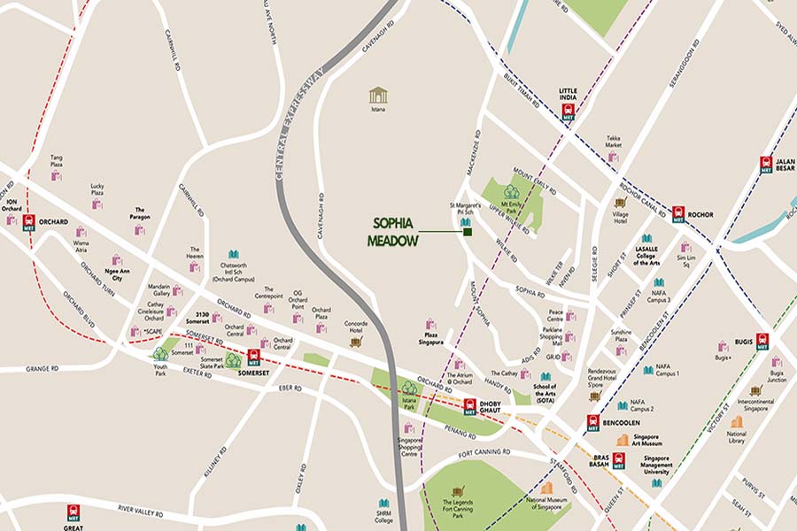 Location map of Sophia Meadow at 132 Sophia Road, illustrating its elevated position near Mount Sophia and proximity to Dhoby Ghaut MRT in Singapore’s Core Central Region.