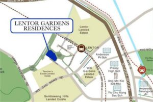 Location map of Lentor Gardens Residences showing proximity to Lentor MRT (TE5) and surrounding Ang Mo Kio neighbourhood