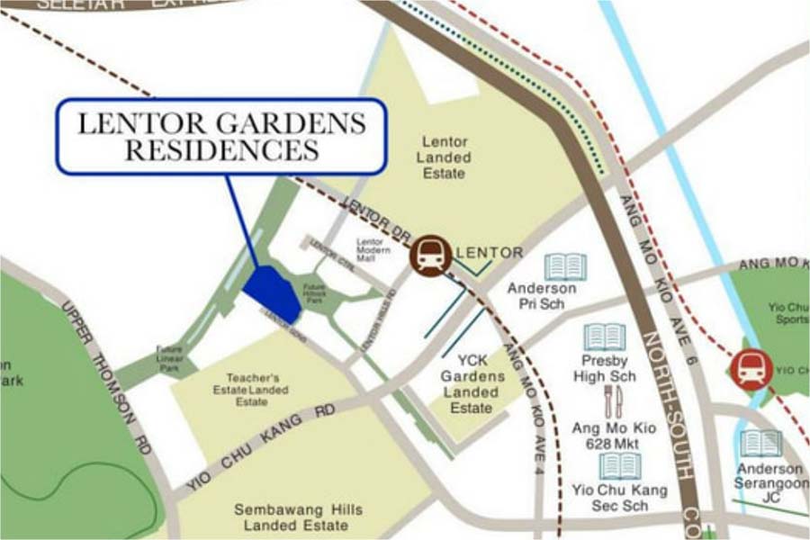 Location map of Lentor Gardens Residences showing proximity to Lentor MRT (TE5) and surrounding Ang Mo Kio neighbourhood