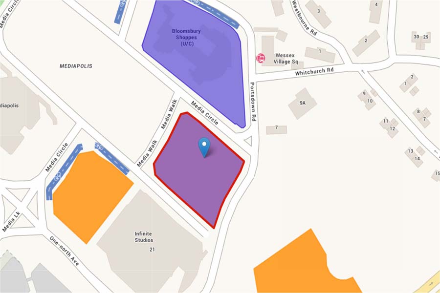 Site location map of Hudson Place Residences at Media Circle, showing proximity to Mediapolis, Infinite Studios, and nearby one-north developments in District 5, Singapore.