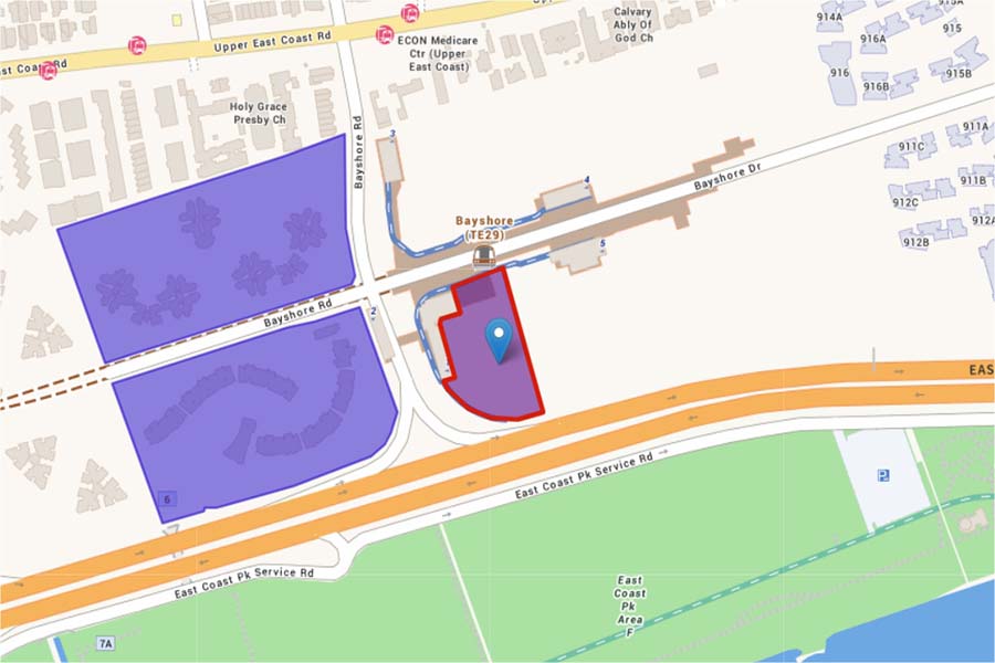 Site location map of Vela Bay at Bayshore, showing direct adjacency to Bayshore MRT (TE29), East Coast Park, and surrounding GLS parcels