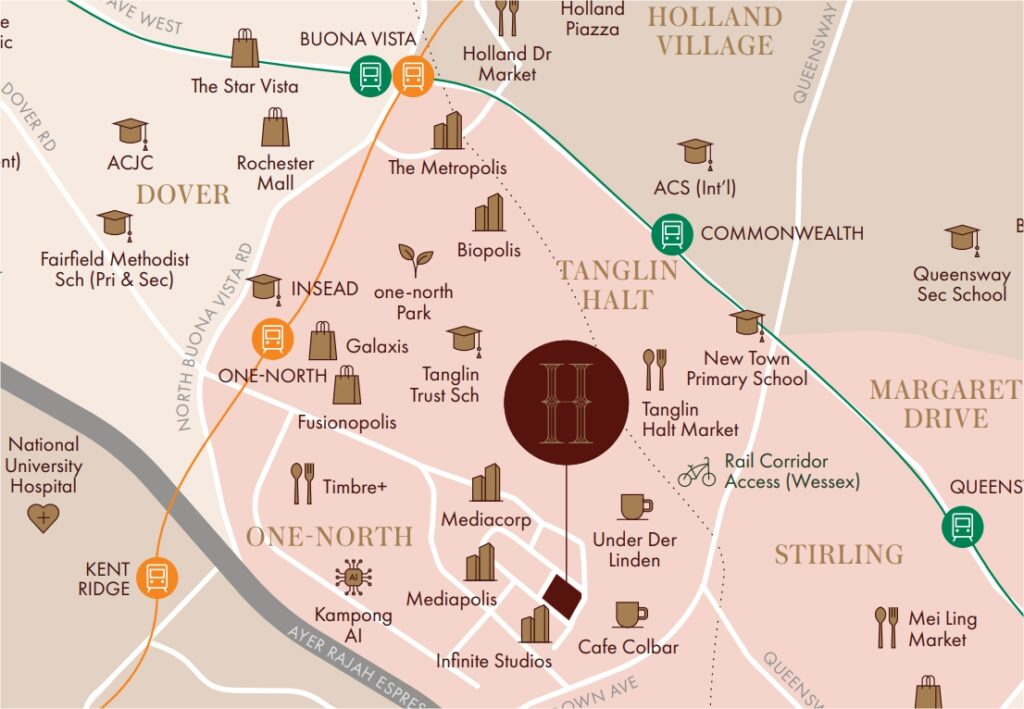Hudson Place Residences location map showing proximity to one-north, Mediapolis, Biopolis, Buona Vista MRT and surrounding amenities in Queenstown District 5 Singapore