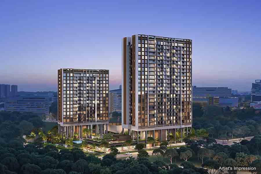 Hudson Place Residences condominium facade at Media Circle near one-north showing modern residential towers and development layout in Singapore