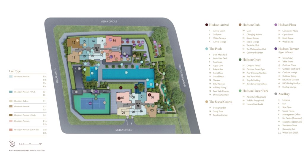 Hudson Place Residences site plan showing residential blocks, main pool, tennis court, clubhouse facilities and landscaped areas at Media Circle Singapore