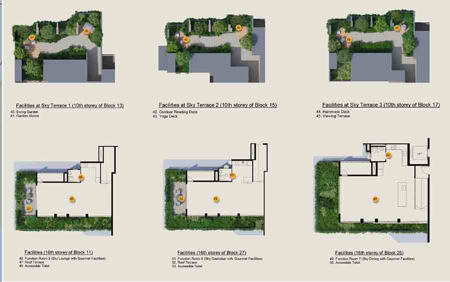 Tengah Garden Residences sky terrace and facilities plan showing elevated amenities at Blocks 13, 15 and 17 including dining pavilion, yoga deck and viewing terrace