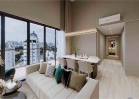 Arina East Residences showflat interior with living and dining area, high ceiling, and city view in District 15