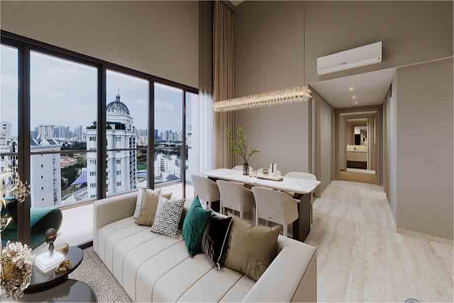 Arina East Residences showflat interior with living and dining area, high ceiling, and city view in District 15