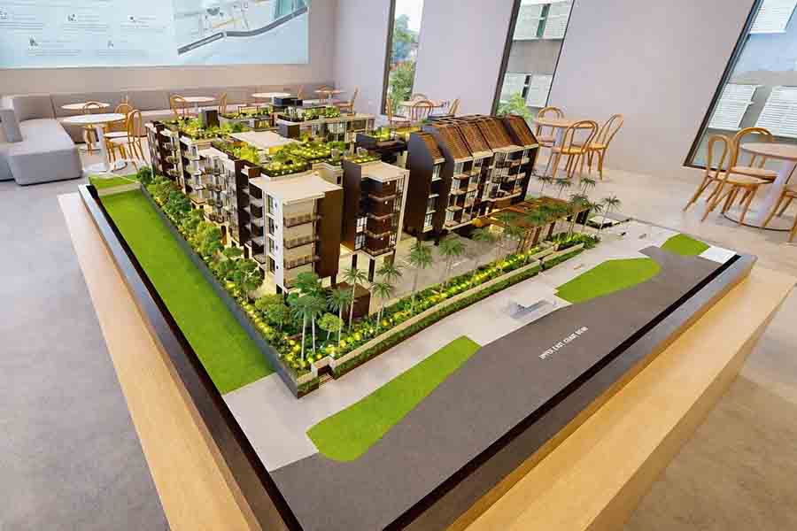 Bagnall Haus showflat scale model displaying low-rise blocks and site layout in Upper East Coast