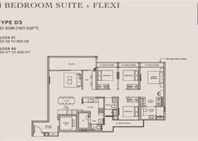 Bloomsbury Residences 4 bedroom suite flexi layout showing private lift, living dining area, balcony and bedroom configuration