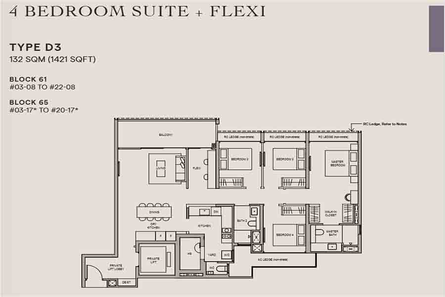 Bloomsbury Residences 4 bedroom suite flexi layout showing private lift, living dining area, balcony and bedroom configuration