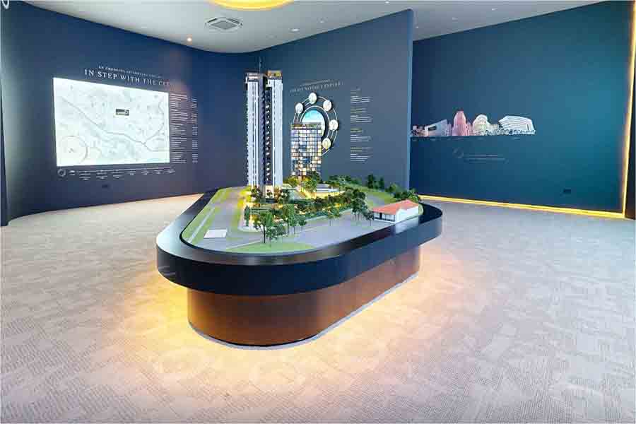 Bloomsbury Residences showflat scale model display showing development layout and surrounding Media Circle context