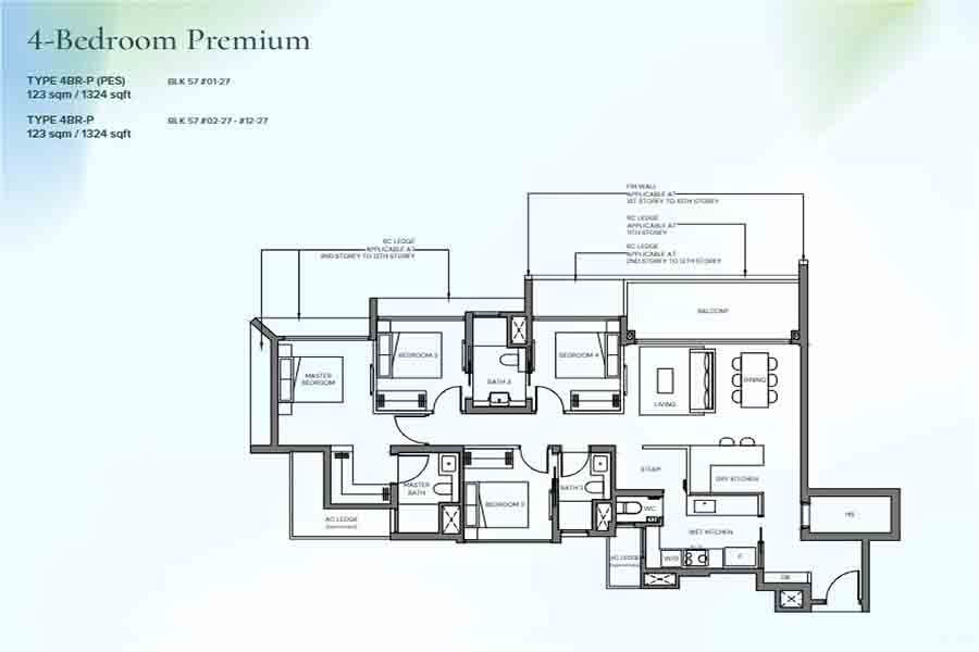 Canberra Crescent Residences 4 bedroom premium floor plan showing layout, bedroom arrangement, living dining space and kitchen configuration in District 27 Sembawang