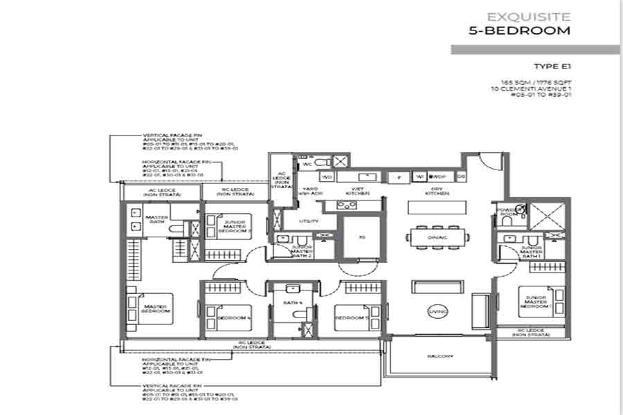 ELTA 5 bedroom floor plan layout showing spatial arrangement living dining kitchen bedrooms and balcony