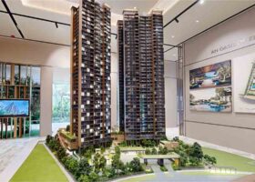 ELTA showflat scale model displaying two residential towers and site layout in Clementi