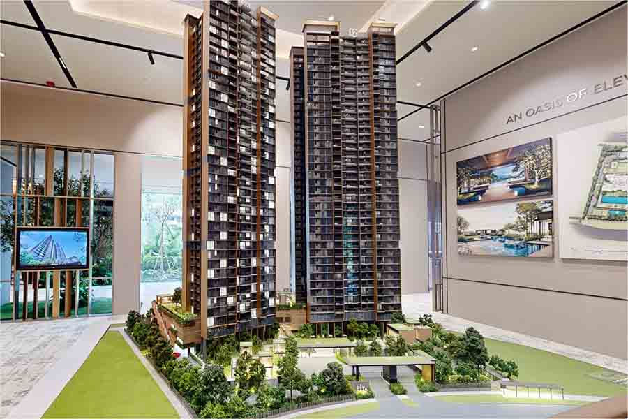 ELTA showflat scale model displaying two residential towers and site layout in Clementi